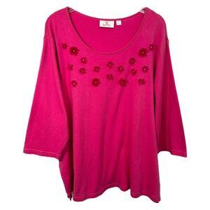 Quacker Factory Plus Size 2X Top Pink Floral 3/4 Sleeve‎ Knit Blouse Mature 583